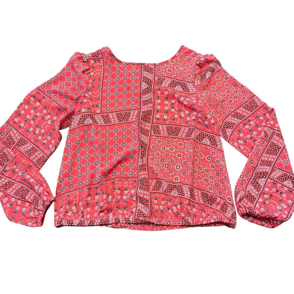 LOFT longsleeve blouse, bright pink floral, back vneck, cinched bottom hem, XXSP